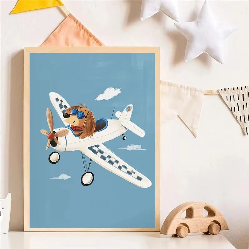Minimalist Cute Skateboard Animal Wall Art Dog, Lion, Crocodile, Tiger, Bear, and Car Canvas Print Home Decor for Kids' Rooms