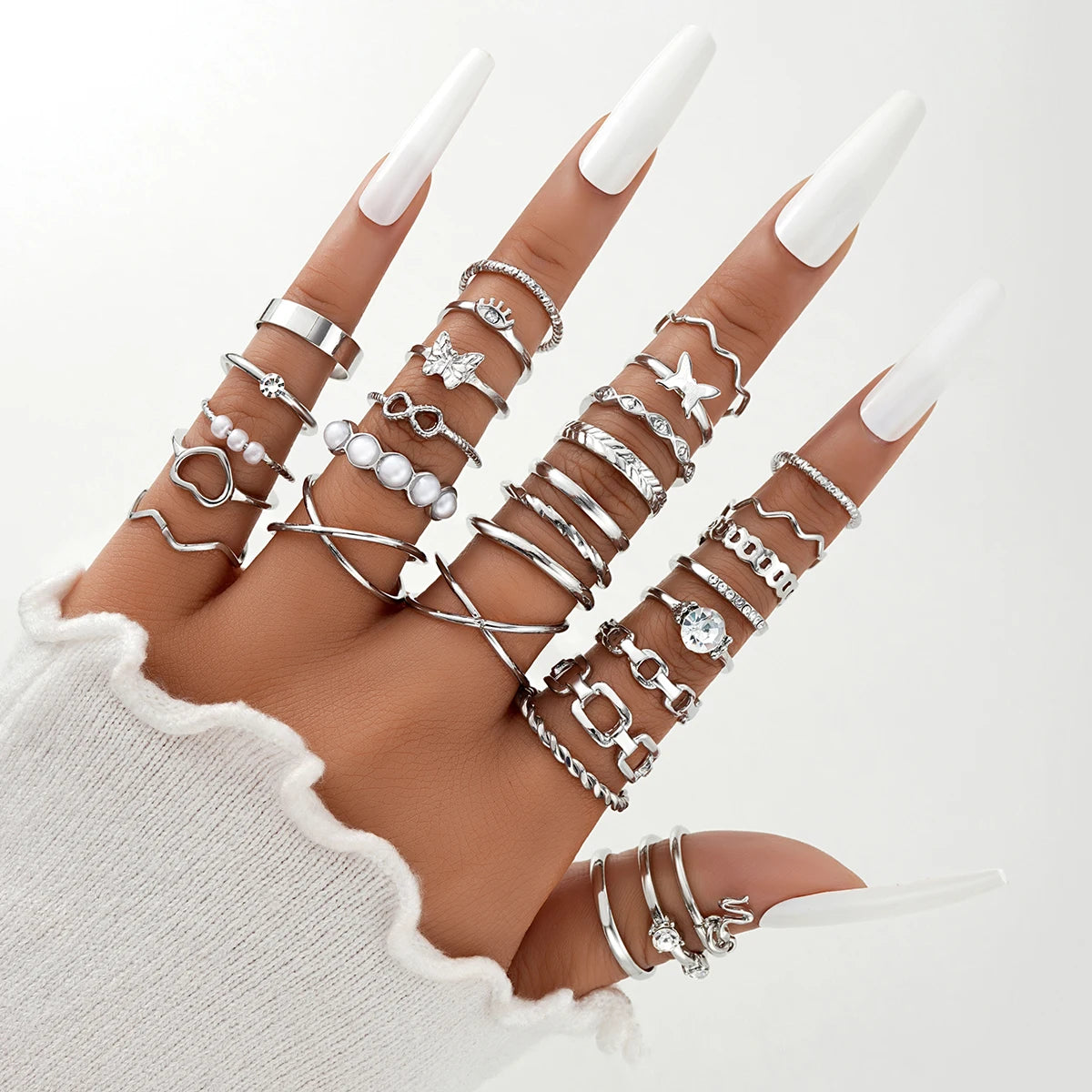 58PCS Vintage Heart Snake Butterfly Rings Set for Women Fashion Metal Gold Plated Geometric Hollow Finger Ring Jewelry Gifts 