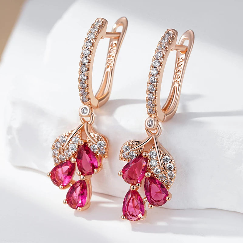 Wbmqda Red Pomegranate Flower Long Drop Earrings For Women 585 Rose Gold Color Luxury Elegant Zircon Jewelry Accessories
