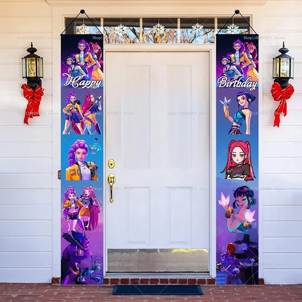 Hot KPop Demon Hunters Backdrop Door Banner Kids Adult Birthday Party Decorations Baby Shower Photo Booth Background Props