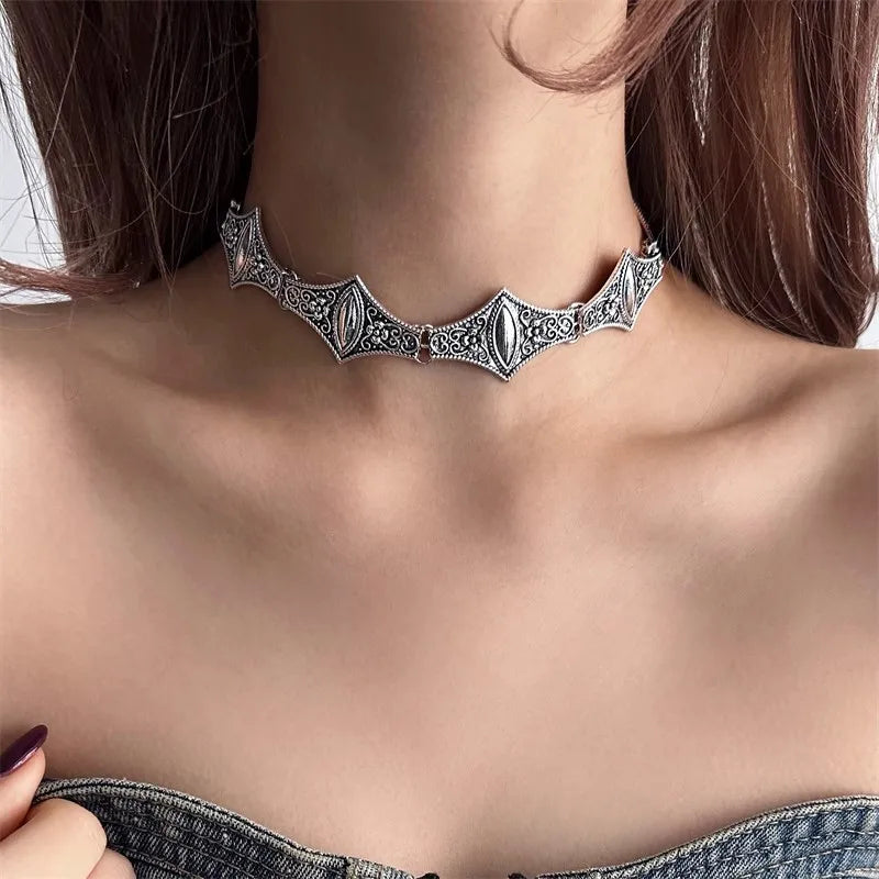 2024 Retro Style Texture Join Necklaces For Women Silver Color Stainless Steel Neck Chains For Women Jewelry Chocker