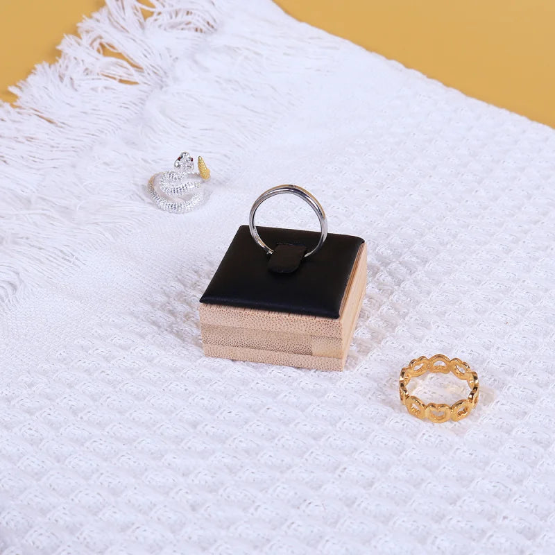 Ring Display Stands for Selling Square Bamboo Single Wood Ring Holder Organizer with Velvet Mat for Rings Trade - Black PU