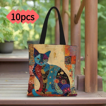 1/5/10pcs Floral Cat Pattern Tote Bag, Aesthetic Canvas School Shoulder Bag, Lightweight Grocery Shopping Bag - Ethnic Cat 10