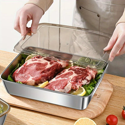 Stainless Steel Food Storage Container Rectangle Dish with Cover Noodles Fruit Tray Lunch Box Thick Refrigerator Organizer Pl