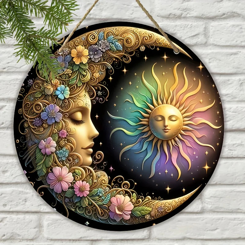 Mandala art style sun and moon wall plate-classic design and manufacture of wooden decorative logo, 8x 8 inches, floral patte