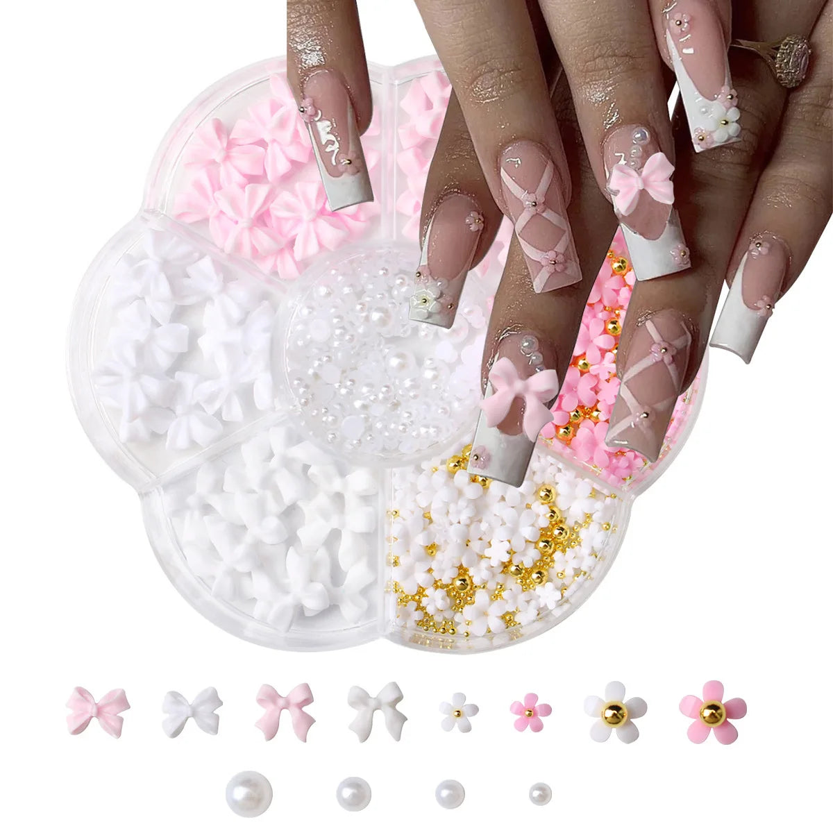 1box 3D Flower Bow Nail Art Decorations Kit Pink/White Acrylic Floral/Peal Beads Nail Charm with Wax Pen/Tweezer 4/6mm Nail P