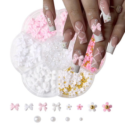 1box 3D Flower Bow Nail Art Decorations Kit Pink/White Acrylic Floral/Peal Beads Nail Charm with Wax Pen/Tweezer 4/6mm Nail P