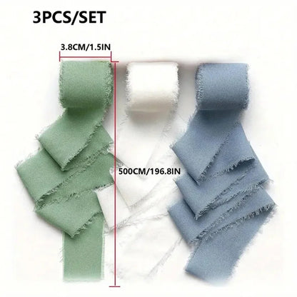 3 Roll/set 5m Frayed Edged Satin Handmade Chiffon Silk Ribbon For Wedding Invitation Bouquets Birthday Party DIY Decoration G