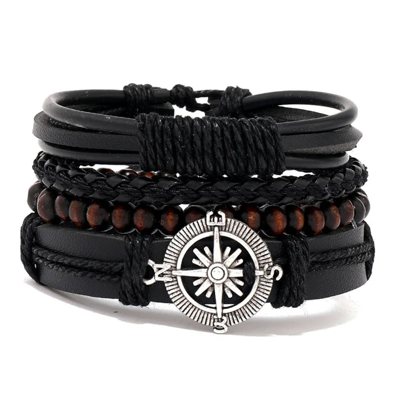 4Pcs/ Set Braided Wrap Leather Bracelets for Men Vintage Life Tree Rudder Charm Wood Beads Ethnic Tribal Wristband Rope Brace