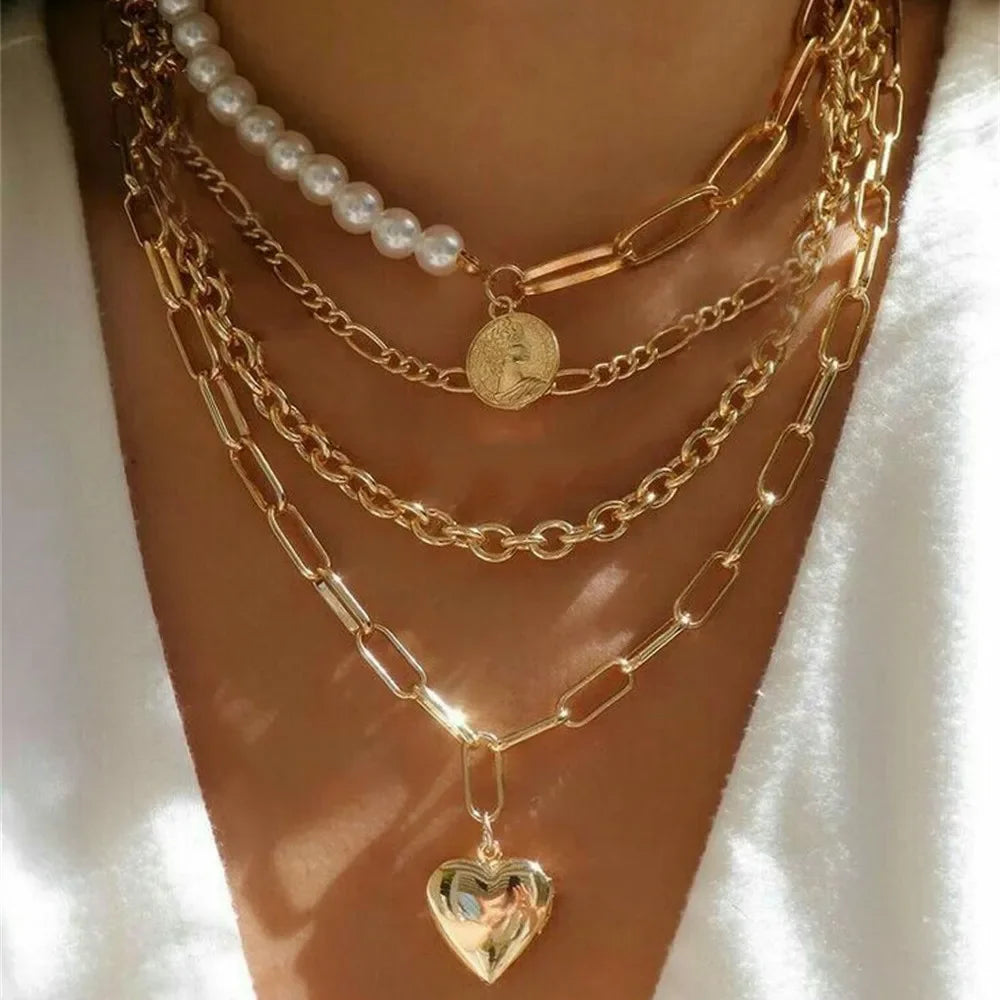 Vintage Punk Gold-plate Thick Chain Head Portrait Coin Pendant Necklace For Women Fashion Multilevel Geometric Hip Hop Jewelr