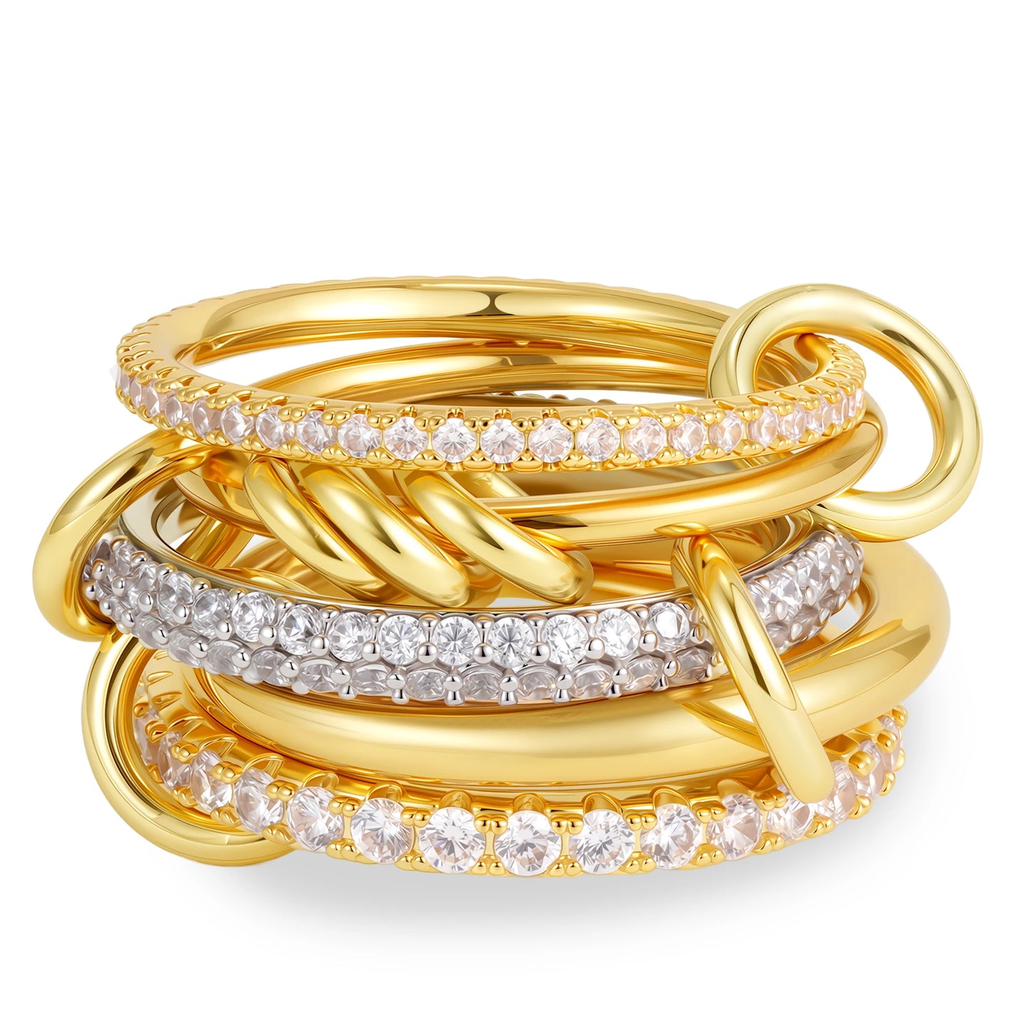Luxury Cubic Zirconia Gold Plating Multilayer Connecting Rings for Women Fashion Mixed Color Stackable Finger Ring Party Jewe