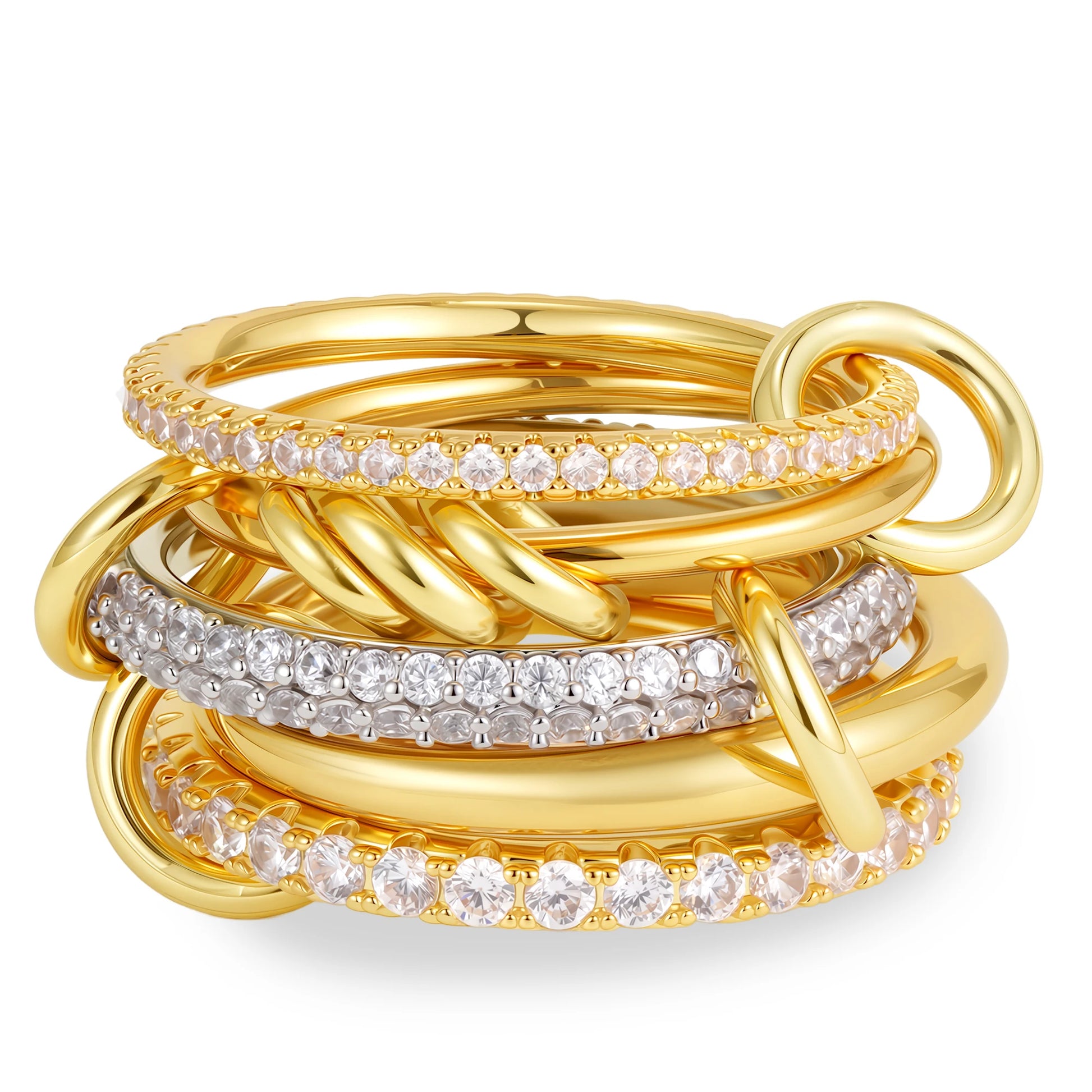 Luxury Cubic Zirconia Gold Plating Multilayer Connecting Rings for Women Fashion Mixed Color Stackable Finger Ring Party Jewe