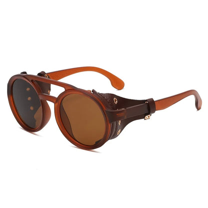 Retro Sunglasses Men Women Leather Round Glasses Vintage Goggles Anti Wind Outdoors Sports Sun Glasses UV400 - Brown