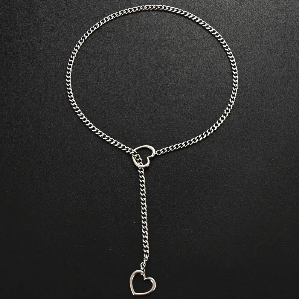 Heavy Lariat Heart Necklace Personality Punk Rock Stainless Steel Slip Chain Ring Slipchain Choker Collar For Women Men