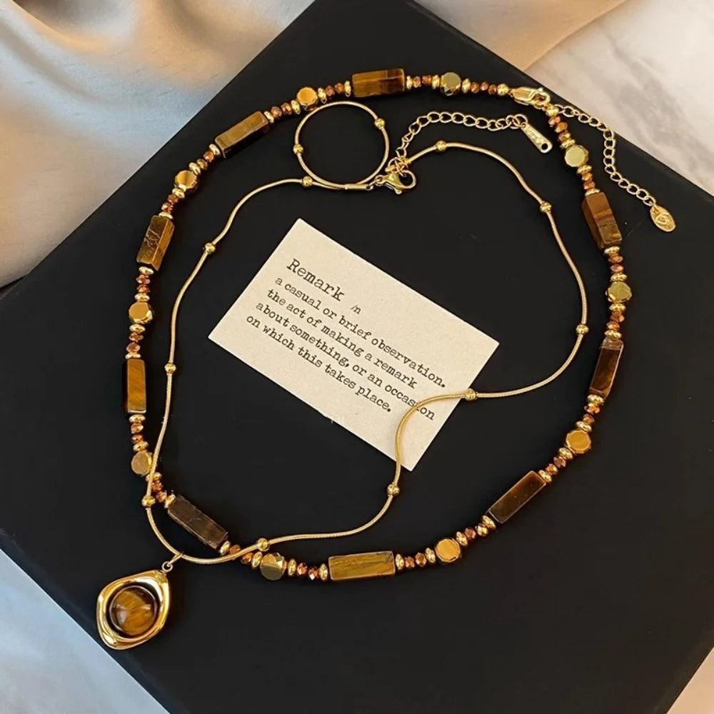 Alloy double-layer collarbone chain set jewelry retro temperament layered tiger eye stone pendant necklace for women