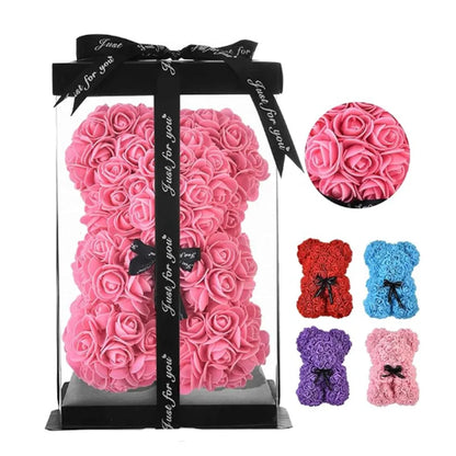 25cm Artificial Teddy Rose Flower Bear with Box Romantic Valentines Day Gift Girlfriend Women Anniversary Wedding Party Suppl