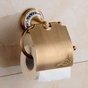 Antique Brushed Solid Brass Bathroom Accessories Sets European Porcelain Bathroom Hardware Sets Ceramic Retro Bathroom Produc
