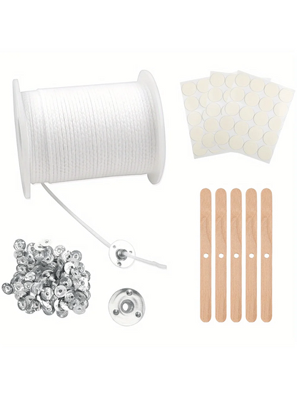 200 ft Candle Wick - Candle Wick with 100 Metal Wicks, 60 Candle Stickers, 5 Wooden Wick Holders, Soy Wax Candle Wick DIY Cra