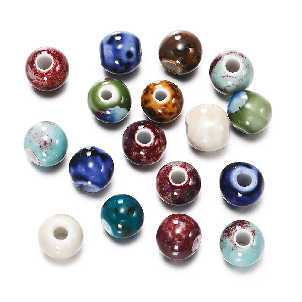 50pcs 6/8/10mm Fashion Ceramic Beads Big Hole Diy Handmade Spacer Loose Round Porcelain Beads for Jewelry Making Accessories 