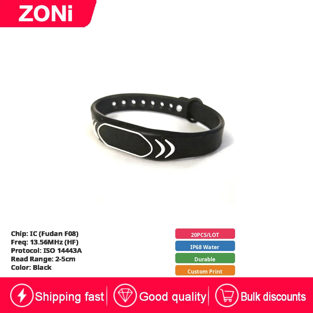 RFID IC ID Silicone Wristband Fudan F08 S50 M1 13.56MHz / TK4100 Chip 125KHz Waterproof Wrist Tag for Swimming & Foot Spa 20P