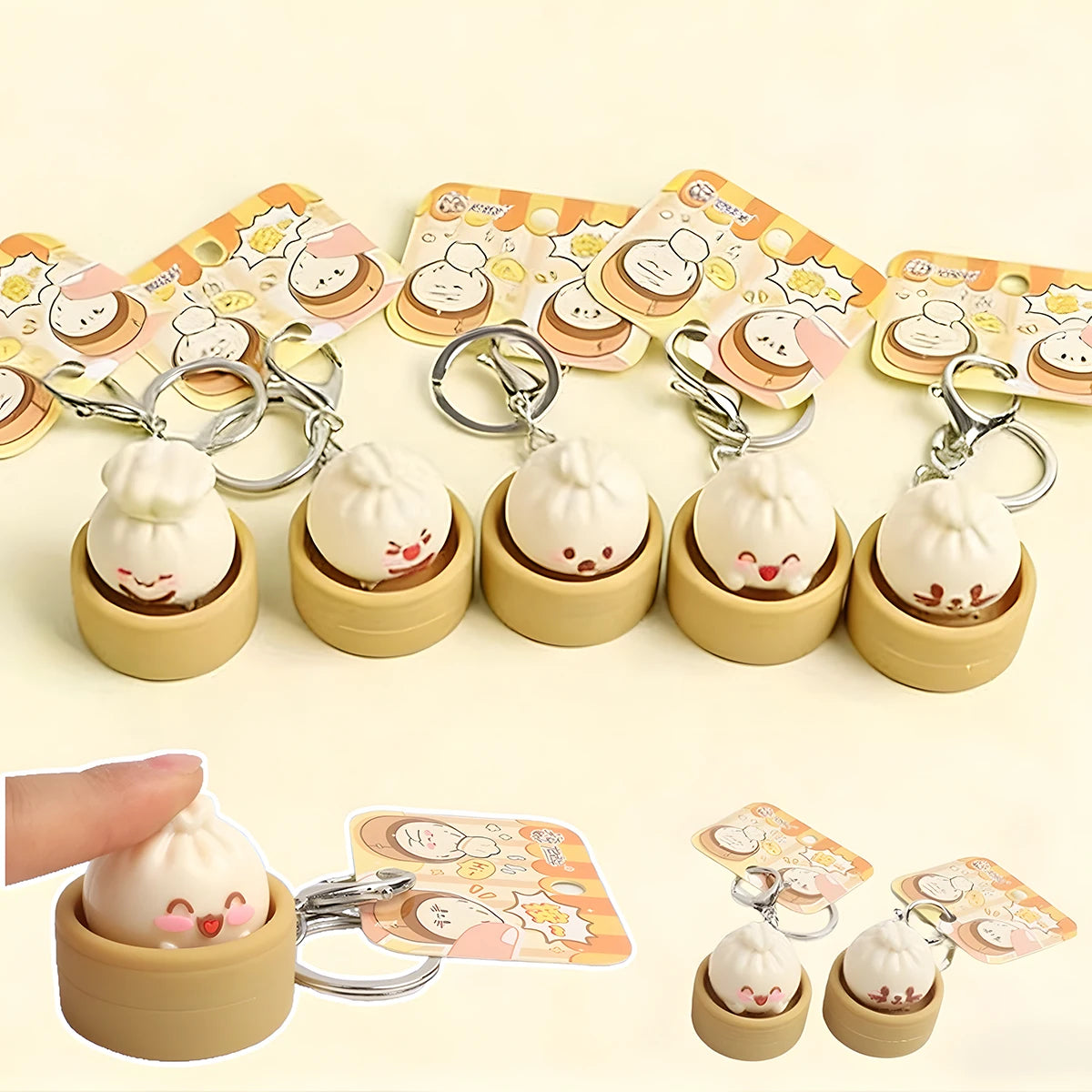 1-8PCS Cute Steamed Bun Squeeze Keychain Realistic Dimsum Design Soft Slow Rebound Decompression Fidget Stress Relief Toy
