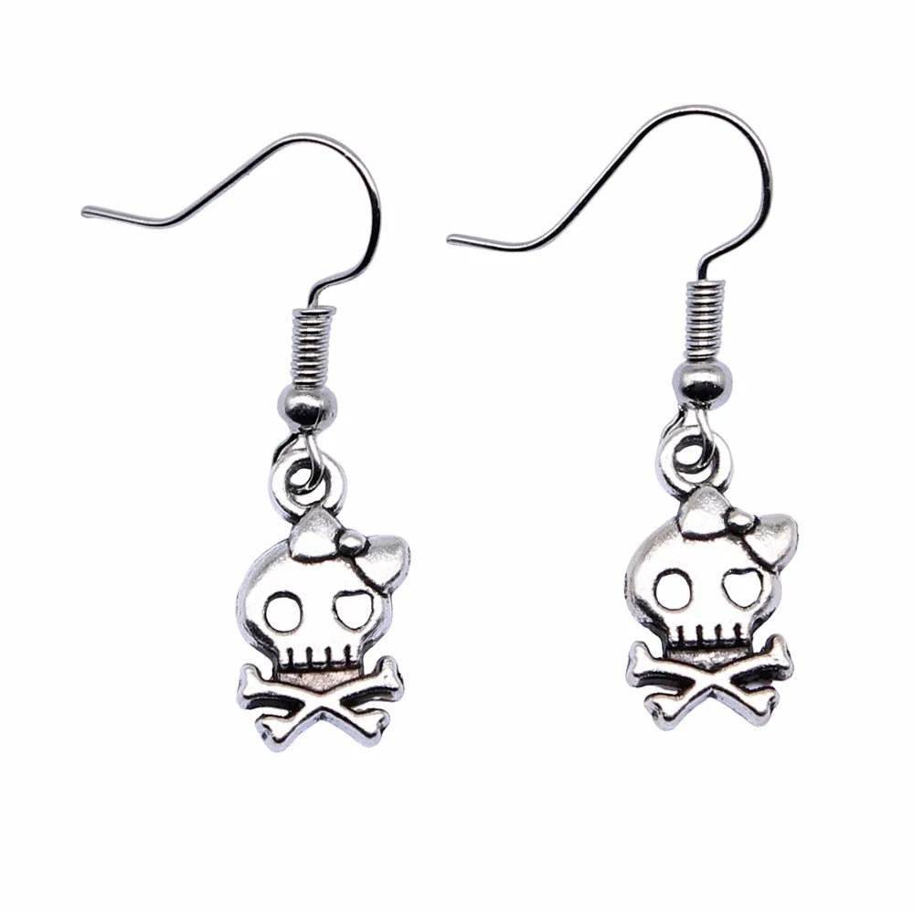 Fashion Handmade Simple Design Antique Silver Color Bow Skull Pendant Earrings Women Vintage Drop Earrings