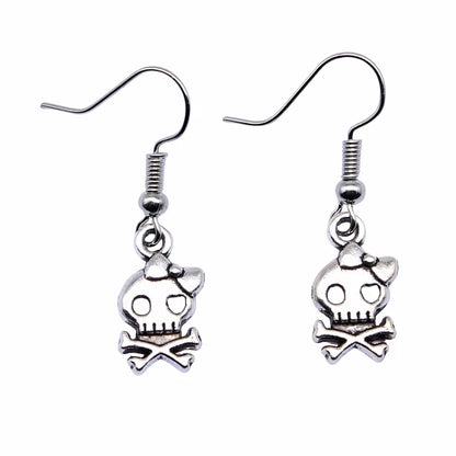 Fashion Handmade Simple Design Antique Silver Color Bow Skull Pendant Earrings Women Vintage Drop Earrings