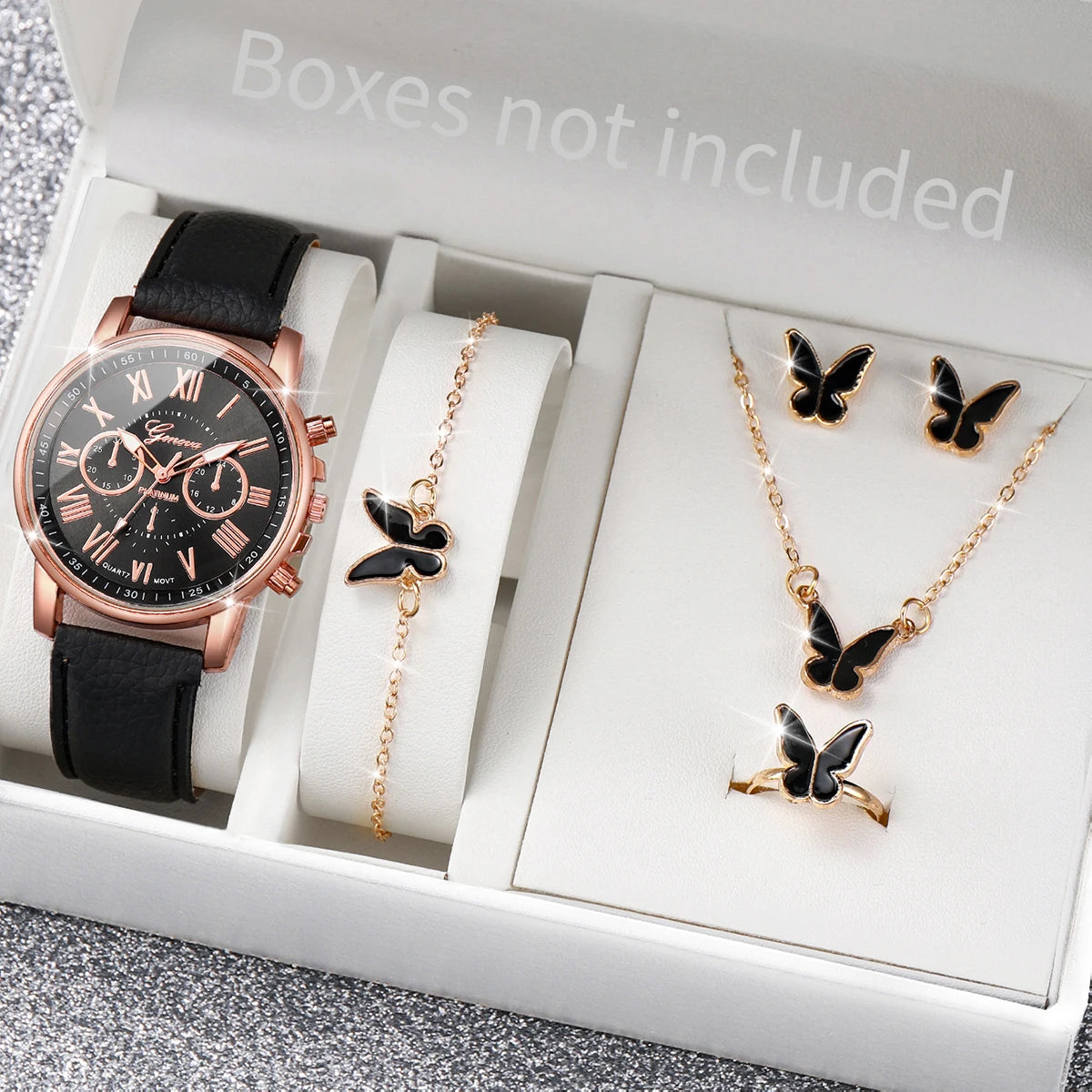 5/6PCS Fashion Women's Quartz Watch Leather Band Analog Wrist Watches Heart Rhinestone Jewelry Set(Without Box) - B Without B