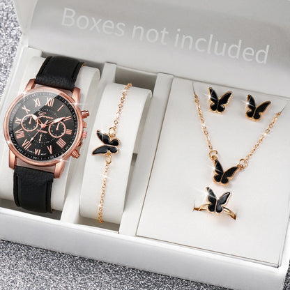 5/6PCS Fashion Women's Quartz Watch Leather Band Analog Wrist Watches Heart Rhinestone Jewelry Set(Without Box) - B Without B