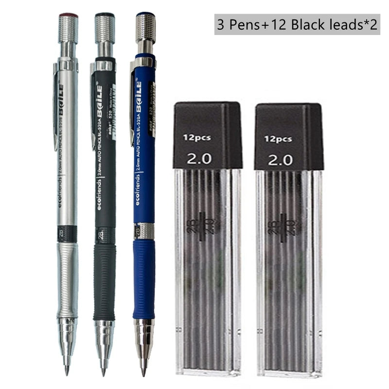 Mechanical Pencil Set 2.0 mm with 2B Black/Colors Lead Refill For Writing Sketching Art Drawing Painting School Automatic Pen
