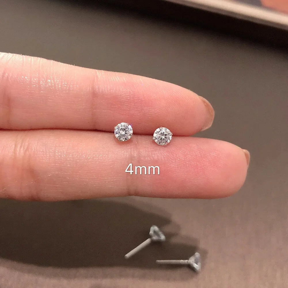 100% Real 925 Sterling Silver Jewelry Women Fashion Cute Tiny Clear Crystal CZ Stud Earrings Gift for Girls Teens Lady - 4MM