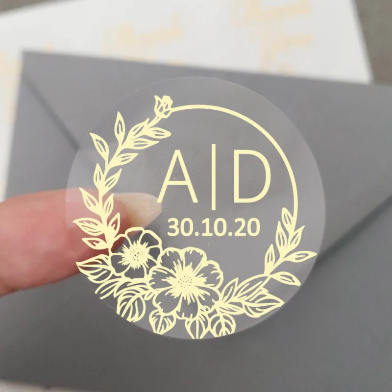 50 X Foiled Wedding Monogram Initials Stickers, Personalised Wedding Favour Labels, Custom Shiny Foil Gold Transparent
