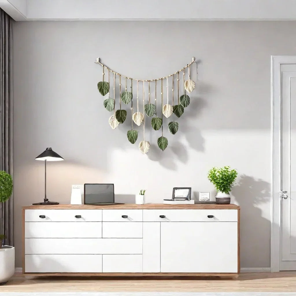 Boho Home Decoration, Macrame Tapestry Macrame Leaf Feather Wall Hanging Decor for Living Room Bedroom, Boho Wall Art Home De