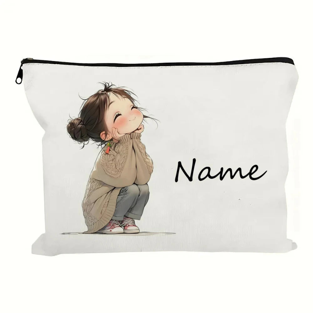 Custom Name Vintage Cute Girl Pattern Makeup Bag Handbag Toiletry Bag Pencil Case Holiday Gift Cosmetic Bag - C