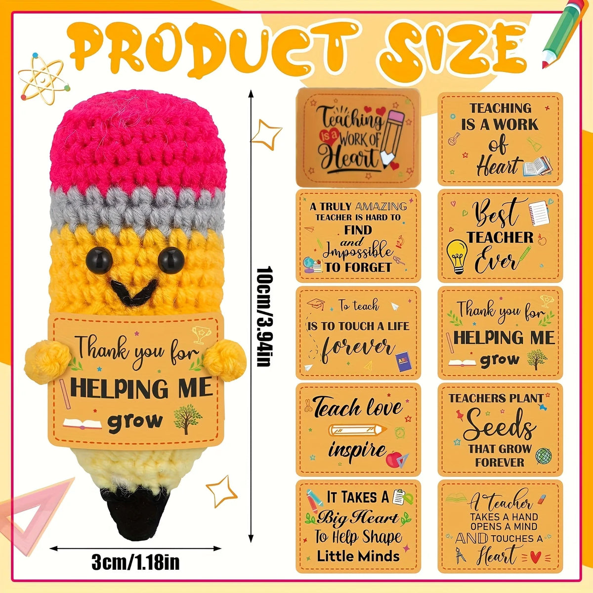 1pc Vibrant Yellow Crochet Pencil Amigurumi with "BEST TEACHER EVER" Gift Tag - Ideal for Teacher Appreciation & DIY Craft De