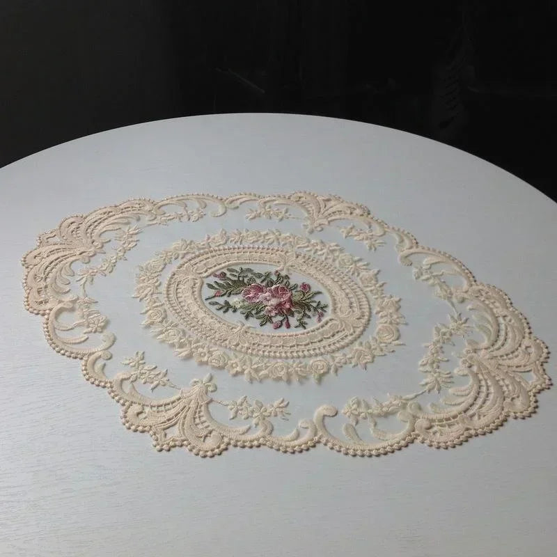 European Oval Lace Embroidery Coaster Bedroom Study Kitchen Cup Table Mat Food Fruit Plate Cover Decoration