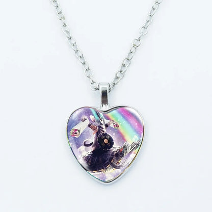 Cute Funny Rainbow Alien Cat Heart Pendant Necklace Animal Shape Art Photo Glass Cabochon Jewelry Children's And Women's - 17