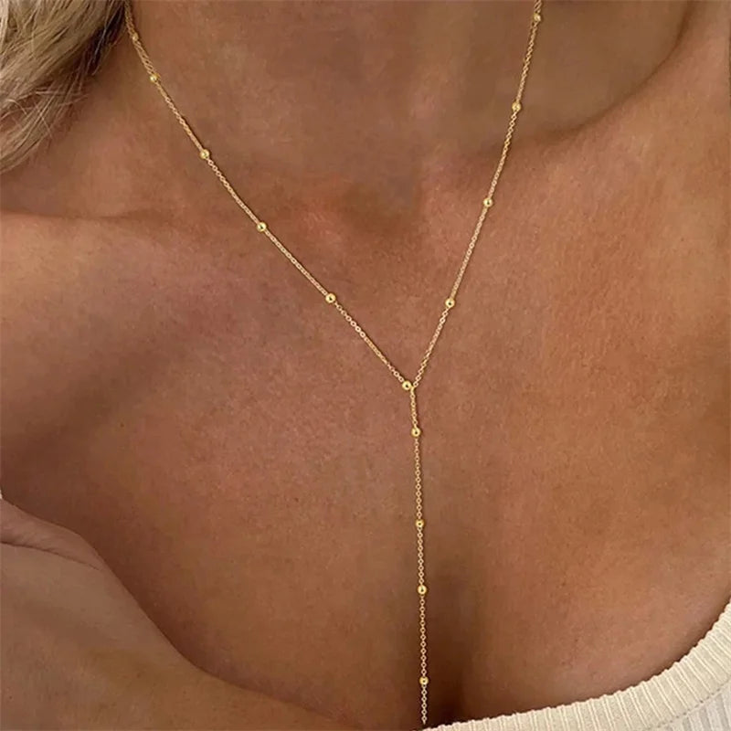 Trendy Gold Plated Lariat Necklace for Women Double Layer Chain Long Y-shaped Necklaces Fashion Jewelry Gifts Body Accessorie