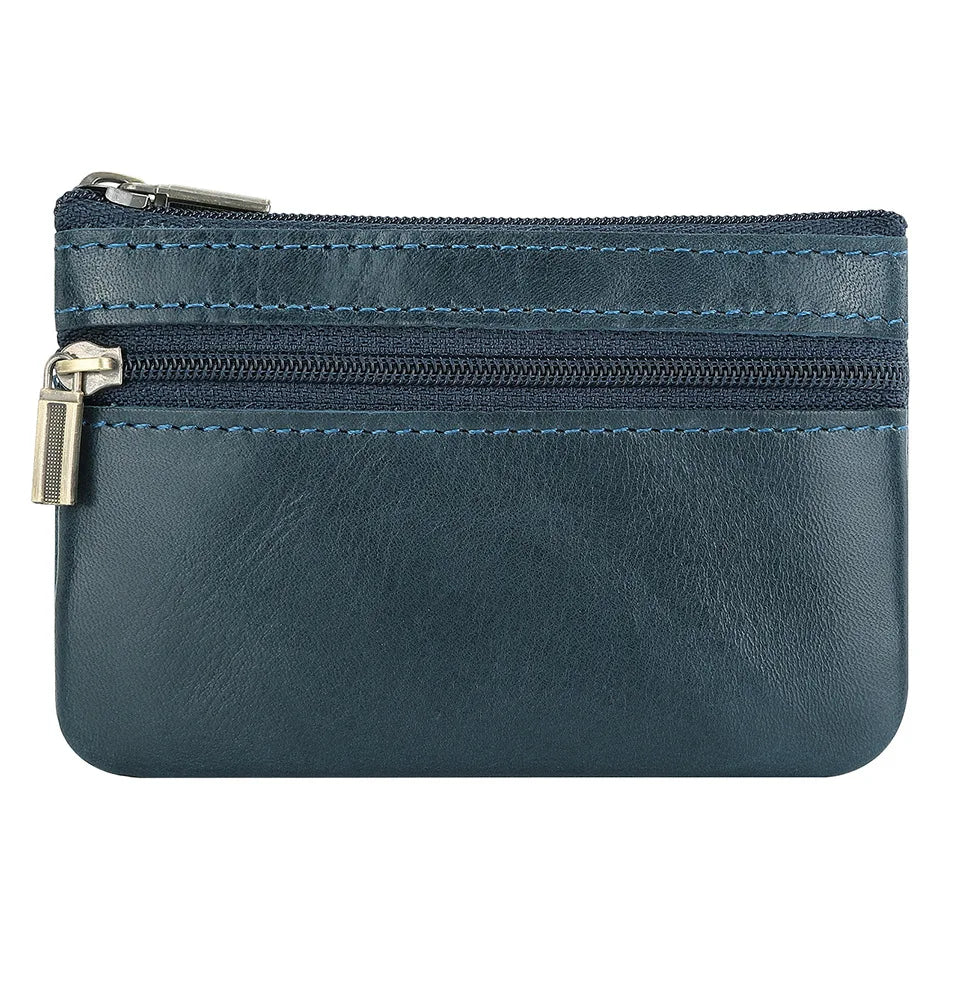 Retro Genuine Leather Coin Purse with Keychain for Men & Women Cowhide Zipper Coin Wallet Vintage Key Holder - blue coin ours