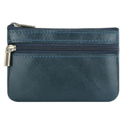 Retro Genuine Leather Coin Purse with Keychain for Men & Women Cowhide Zipper Coin Wallet Vintage Key Holder - blue coin ours