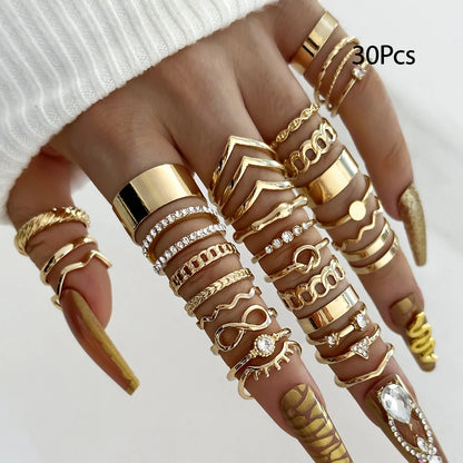 30Pcs Bohemian Geometric Knuckle Rings Set For Women Gold Silver Color Finger Ring Girls Fashion Party Jewelry Accessories - 