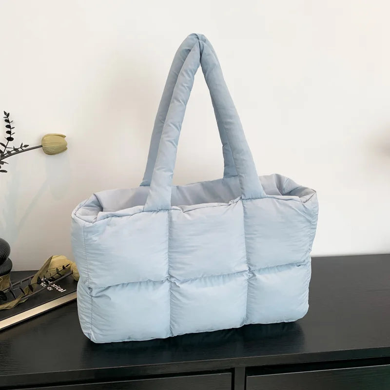 Women Tote Handbags Quilted Plaid Bag Retro Trendy Checkered Waterproof Shoulder Bag Solid Color Winter Soft Large Capacity B