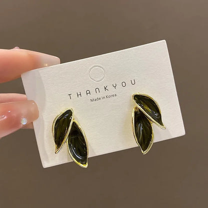LATS New Korean Arrival Metal Trendy Fresh Lovely Sweet Grey Leaf Stud Earrings for Women 2024 Fashion Jewelry Gifts - 661730