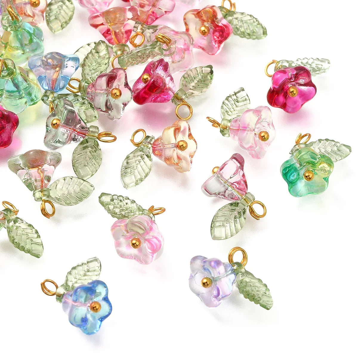 30Pcs 6 Colors Glass Pendants with Golden Brass Findings Flower Charms for Women Necklace Bracelet Earrings DIY jewelry makin