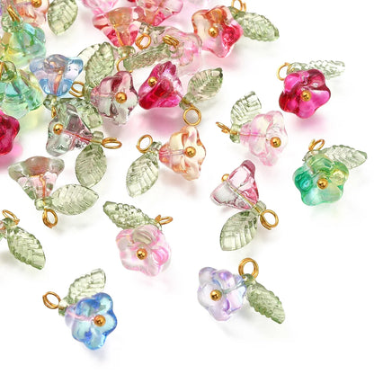 30Pcs 6 Colors Glass Pendants with Golden Brass Findings Flower Charms for Women Necklace Bracelet Earrings DIY jewelry makin