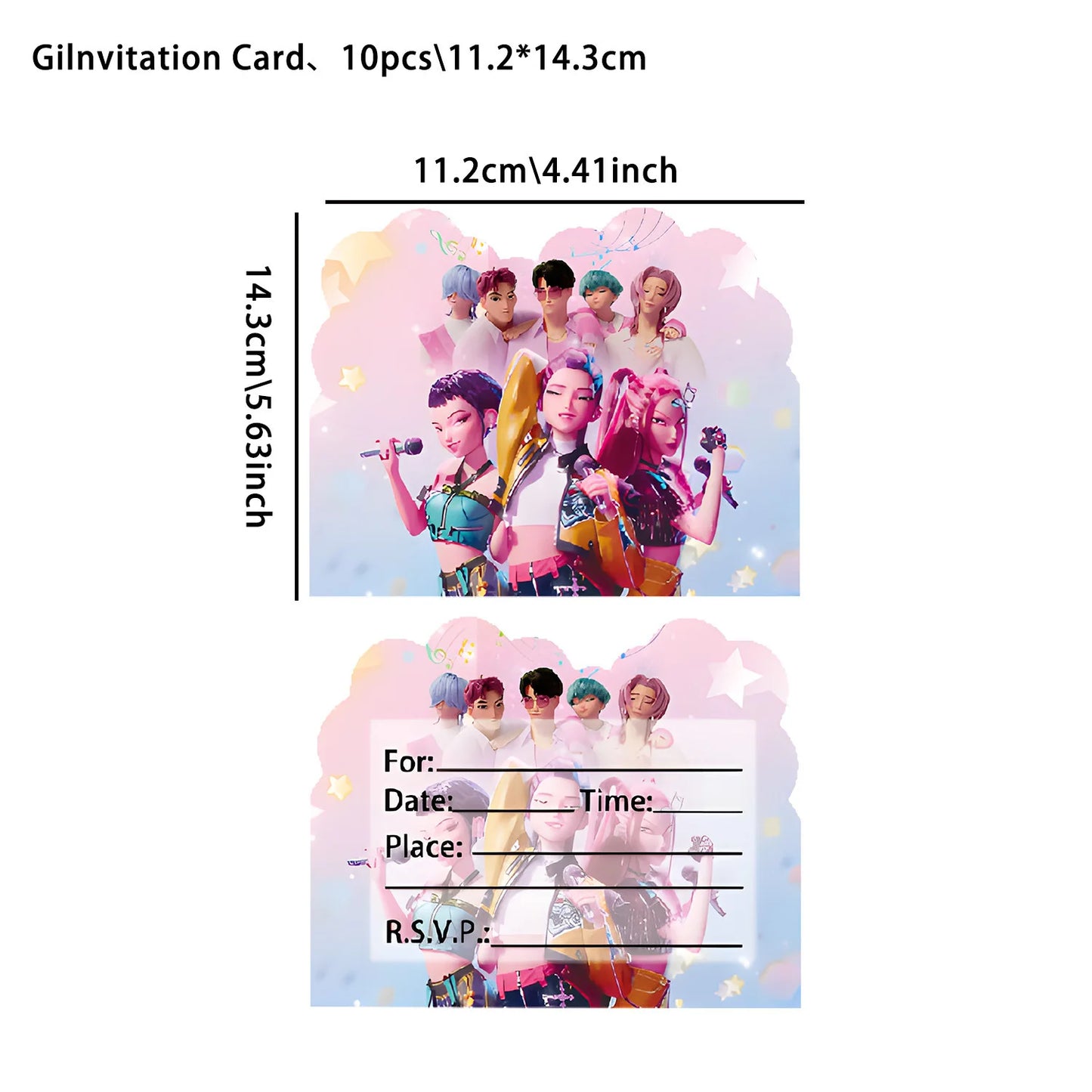 12PCS Cute Cartoon Birthday Party Invitation Cards Single & Double Sided Theme Kids Fans Event Party Favors - pink 10pcs