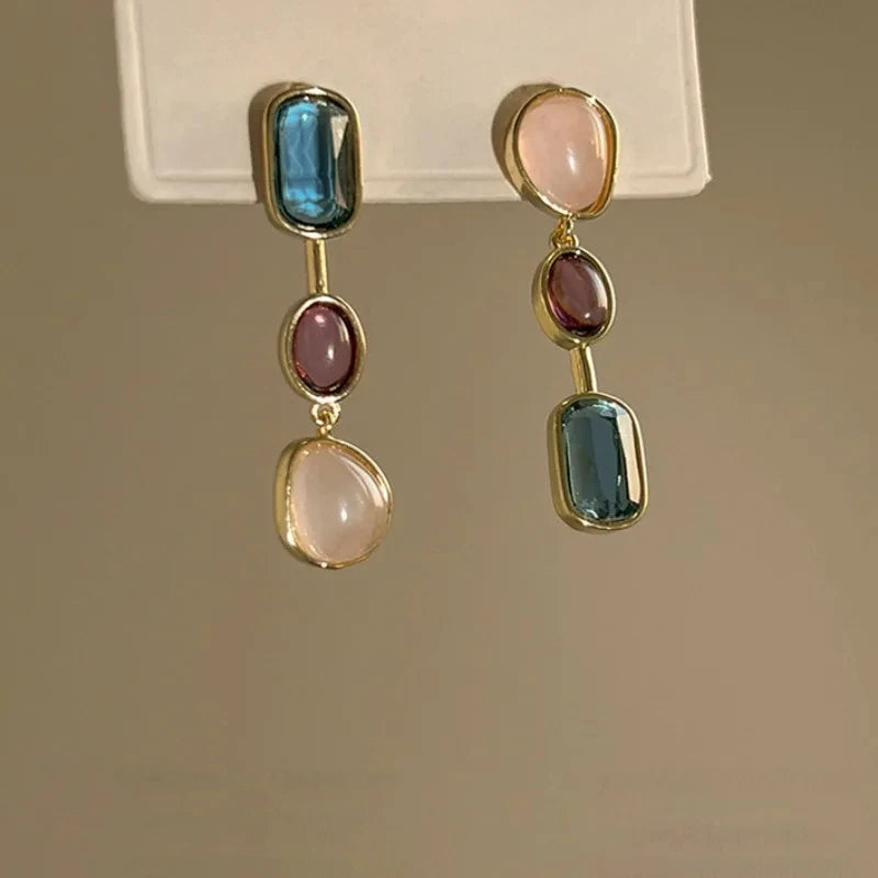 Asymmetric Colorful Resin Earrings for Women Retro Contrast Geometric Dangle Earrings Korean Jewelry