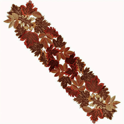 1pc Autumn Maple Leaf Embroidered Table Runner, Flocked Brown Maple Design, Rustic Farmhouse Thanksgiving Harves