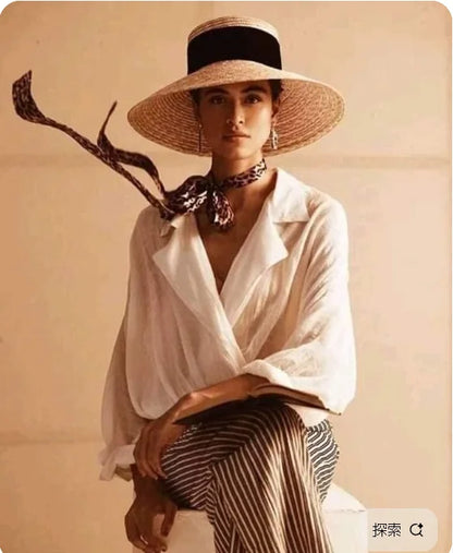 Boater Straw Hat wide brim French elegant square ribbon women's sun hat holiday straw hat 모자 햇빛 가리개 - 61