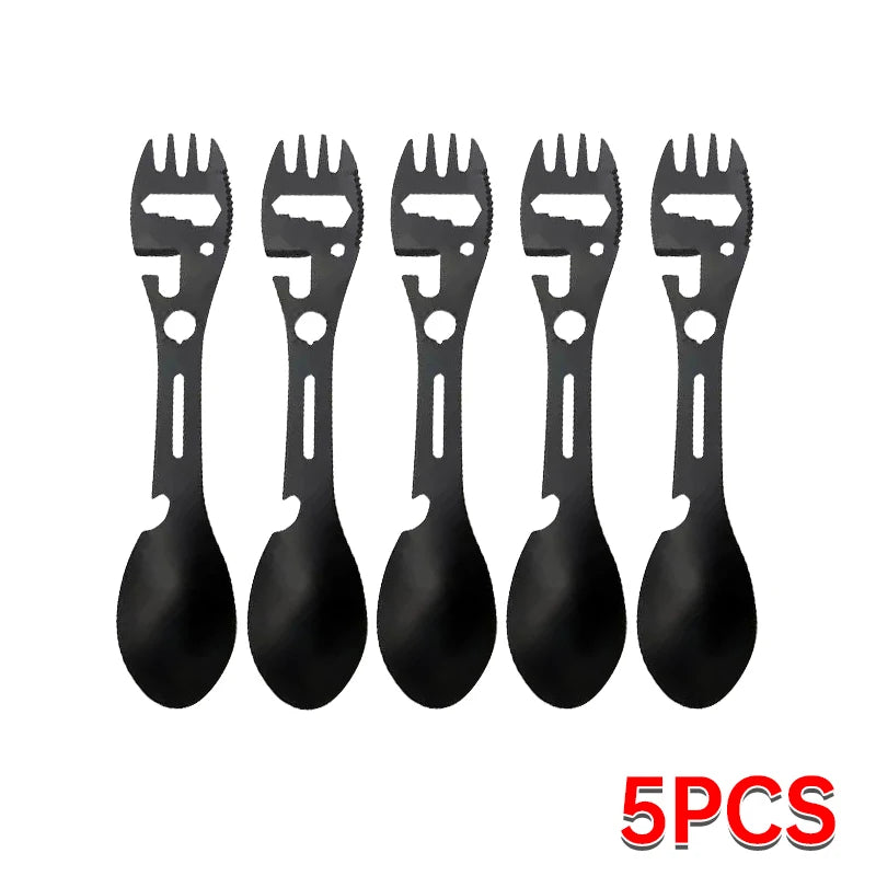 Camping Utensils Set Stainless Steel Outdoor Survival Gear 5 in 1 Tableware Travel Hiking Cutlery Fork Spoon Opener - 5pcs bl